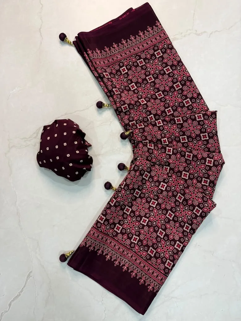 Tew Pure Creap Gajji Silk Ajrakh Printed Saree